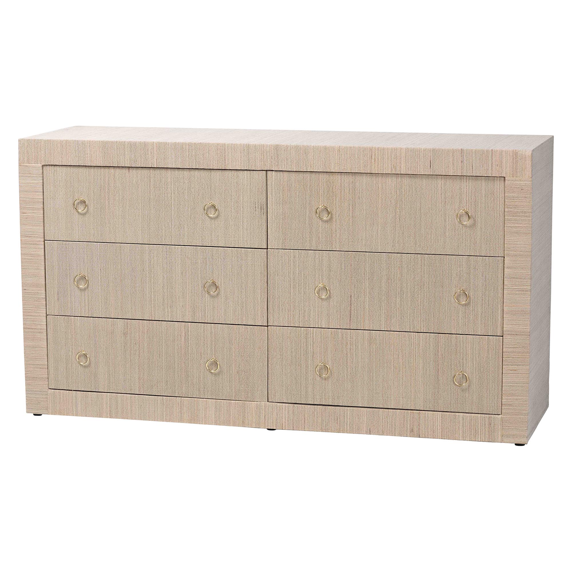 bali & pari Sage Natural Grasscloth Dresser - 6-Drawer Bedroom Storage Cabinet with Gold Ring Pulls, Modern Coastal Chest of Drawers